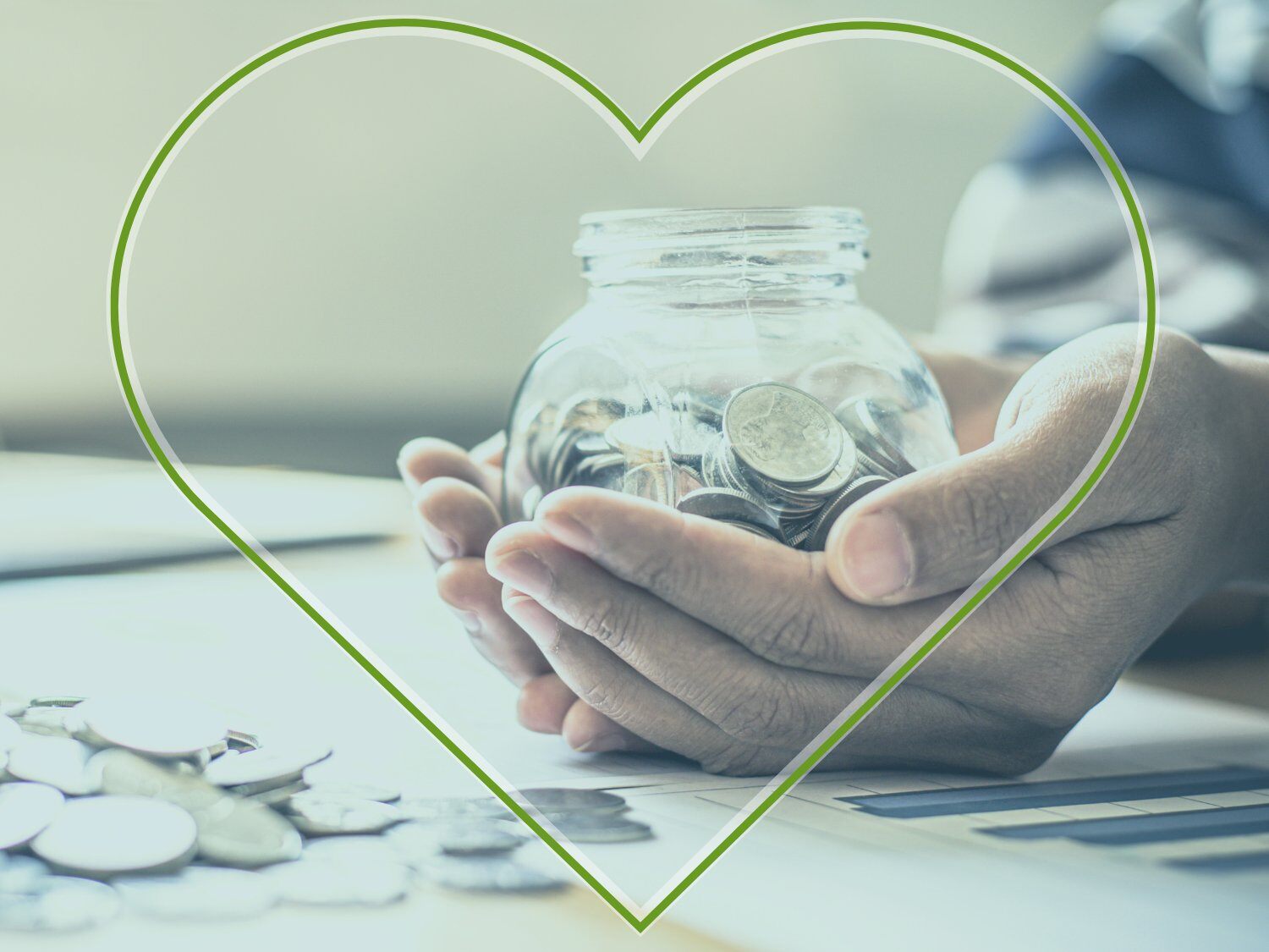 Hands holding a jar of coins overlayed with a green heart