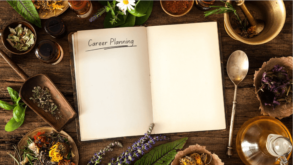 An journal open to a page that says Career Planning surrounded by herbs