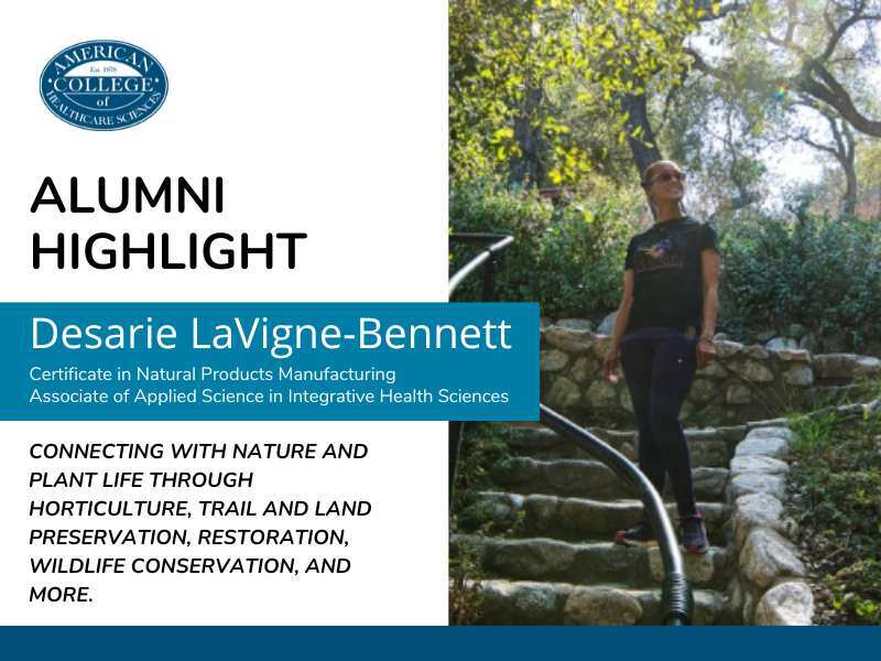 Alumni Highlight Featuring Desarie LaVigne-Bennett outside on a stone staircase surrounded by trees