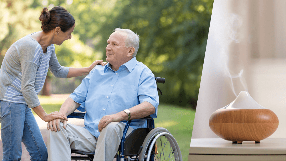 A woman helping an elderly man in a wheelchair and an aromatherapy diffuser