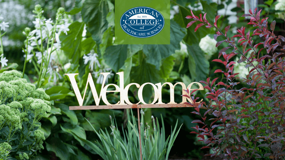 Welcome sign surrounded by green plants and ACHS logo